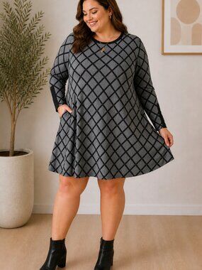 Cato Black Gray Grid Dress 3/4 Sleeve A-Line Knit Stretch Plus 18/20W